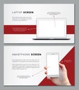 Two vector minimalistic red and white templates for presentation or flyer with blank laptop and phone Royalty Free Stock Photo