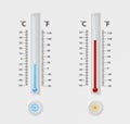 Two vector realistic 3d celsius and fahrenheit meteorology, weather thermometer sign icon set closeup isolated on white