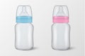 Two vector realistic empty blank baby bottles with cap for boy - blue - and girl - pink - icon set closeup isolated Royalty Free Stock Photo