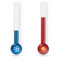 The thermometer measures heat and cold from the sun and snowflakes. Blue and red thermometers. Royalty Free Stock Photo