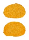 Two vegan breaded cutlets, schnitzel, from above, isolated over white