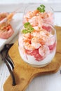 Two verrines for appetizer. Shrimps with grapefruit and cream Royalty Free Stock Photo