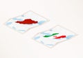 Two versions of a folded map of Iran with the flag of the country of Iran and with the red color highlighted