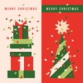 Two vertical banners with Christmas tree, holiday gifts and colorful confetti in the air Royalty Free Stock Photo