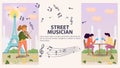 Two vertical banners for design a street musician a Girl playing a violin a guy and a girl sitting at a table with mugs of tea Royalty Free Stock Photo