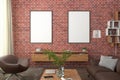 Two vertical blank posters on red brick wall in interior of modern living room with clipping path around poster.