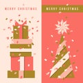 Two vertical flyers with Christmas tree, holiday gifts and multicolored confetti. Elegant vector illustration in pink and beige