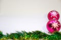 Two vertical,pink christmas balls and Christmas decoration on a white background