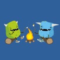 Two very cute cartoon monsters enjoying camp fire and marshmallows