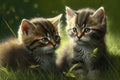 Two very cute kittens playing in the green grass in the sunshine created with generative AI technology