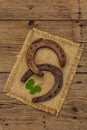 Two very old cast iron metal horse horseshoes, fresh clover leaf. Good luck symbol, St.Patrick`s Day concept Royalty Free Stock Photo