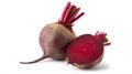 Two vibrant beetroots, one whole and one halved, on white background Royalty Free Stock Photo