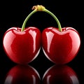Two Vibrant Cherries Connected, Deep Red and Glossy on Black Background, Close-Up Reflection. Royalty Free Stock Photo
