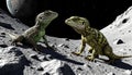 Two vibrant lizards stand on a lunar surface, surrounded by rocks, under a starry sky with a distant celestial body. The scene is Royalty Free Stock Photo