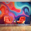 Two Orange Chairs Against Colorful Wall