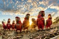 Two vibrant parrots of different hues standing side by side Royalty Free Stock Photo