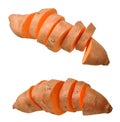 Two views of cutting sweet potatos Royalty Free Stock Photo