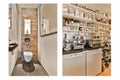 two views of a kitchen with shelves and a toilet