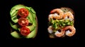 two views of a sandwich filled with shrimp and avocado