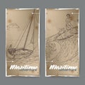 Two vintage banners with sailboat and surfer sketch. Maritime adveture series.
