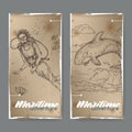 Two vintage banners with scuba diver and jumping whale sketch. Maritime adveture series.