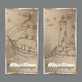 Two vintage banners with tall ship and lighthouse sketch. Maritime adveture series. Royalty Free Stock Photo