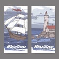 Two vintage color banners with tall ship and lighthouse sketch. Maritime adveture series. Royalty Free Stock Photo