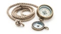 Two vintage compasses next to a coiled hemp rope, displayed on a white background, symbolizing navigation and exploration Royalty Free Stock Photo