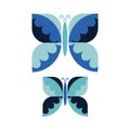 Two Vintage Geometric Butterfly Vector Illustration. Hand Drawn 60`s Style Garden Insect Simple Motif. Retro Classic Blue Bug Royalty Free Stock Photo