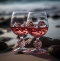 Two vintage glasses of cold rose wine with ice on sandy beach on a sunny day, close up. Holiday concept. Hot summer time at the Royalty Free Stock Photo