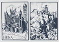 Two vintage postcards with landscapes of Tuskany, Italy. Siena Cathedral and castle in the hill vintage lookiing