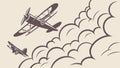 Two Vintage Propeller Planes in Cloudscape Vector Illustration, vector design Generative AI Royalty Free Stock Photo