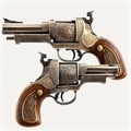 Two vintage retro dueling pistols pointing at each other isolated on a white background close-up, a symbol of a duel