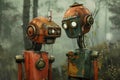 Enigmatic rusty robots in misty forest