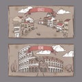 Two vintage travel banners with Grand Canal in Venice and Colosseum in Rome, Italy.