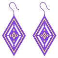 Two violet-yellow rhombus-shaped earrings with a gap