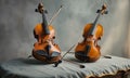 Two violins with black bows and white bodies sit on gray cloth, positioned on wooden surface against gray