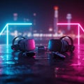 Two virtual reality headsets with controllers rest on a reflective, wet surface under Royalty Free Stock Photo