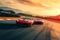 Two vivid red sports cars fiercely driving on a race track, showcasing speed, competition, and precision, An intense duel between