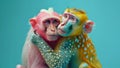 Two vividly colored monkeys embrace cuddling hugging symbolizing love friendship and support. Fantasy characters concept