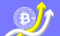 Two voluminous multicolored yellow and white arrows aimed upwards against the background of the coin of the virtual