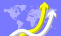 Two voluminous multicolored yellow and white arrows aimed upwards against the background of the map of the world. Rising