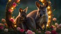 Adorable Wallaby Joey and Mother Amidst Roses and Lights Royalty Free Stock Photo