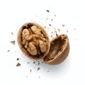 Two walnut halves, one with the kernel exposed, are set against a white background. Royalty Free Stock Photo