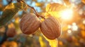 Two walnuts on a branch in autumn sunlight Royalty Free Stock Photo