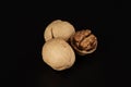 Two walnuts in shell and odi without shell lies next to each other in a black background