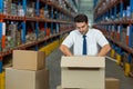 Warehouse supervisor packing box on pallet amid tall metal shelves under bright overhead lighting Royalty Free Stock Photo