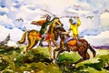 Two warriors fighting by swords on horseback. Watercolor painting