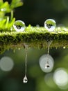 Two water droplets suspended on a moss covered branch with reflections of greenery within and falling liquid streaks Royalty Free Stock Photo