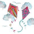 Two watercolor cartoon multicolored kites flying across the sky among clouds and birds